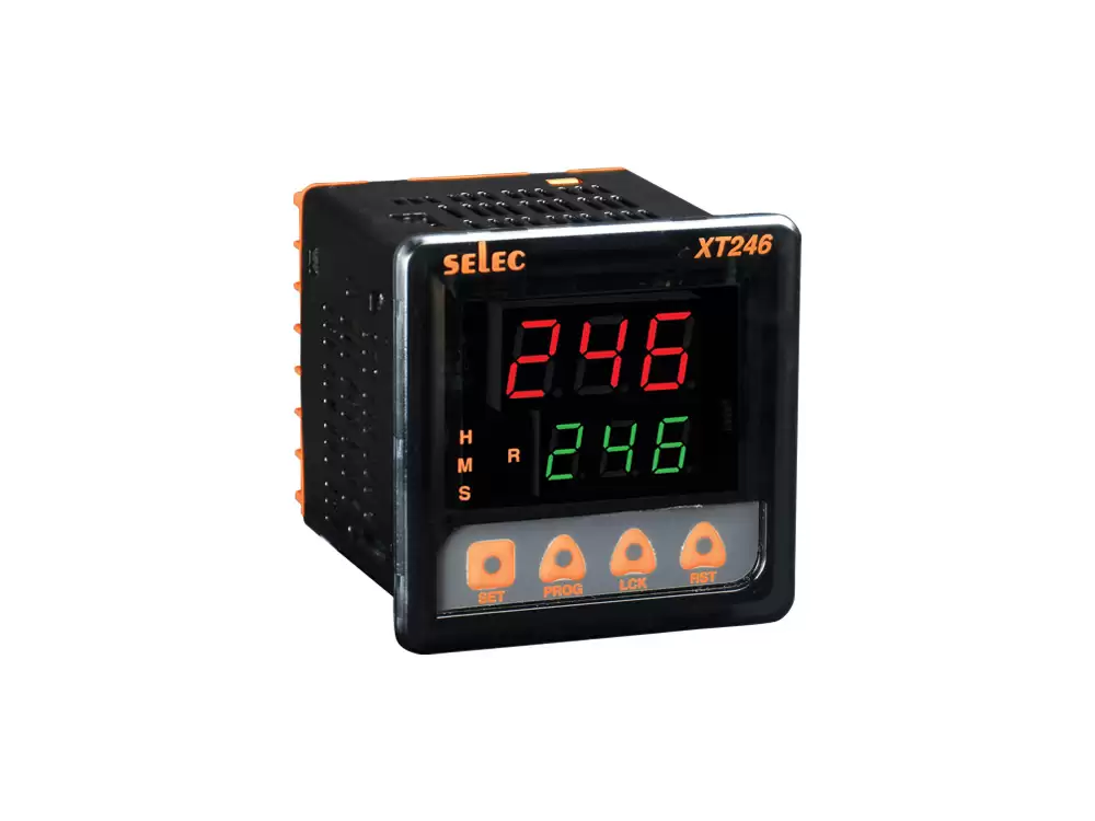 Selec XT246-24V,DUAL DISPLAY, 9 TIME RANGES, 72X72MM3+3 digit, Single set point,ON delay, Interval, Cyclic ON first, Cyclic OFF first,