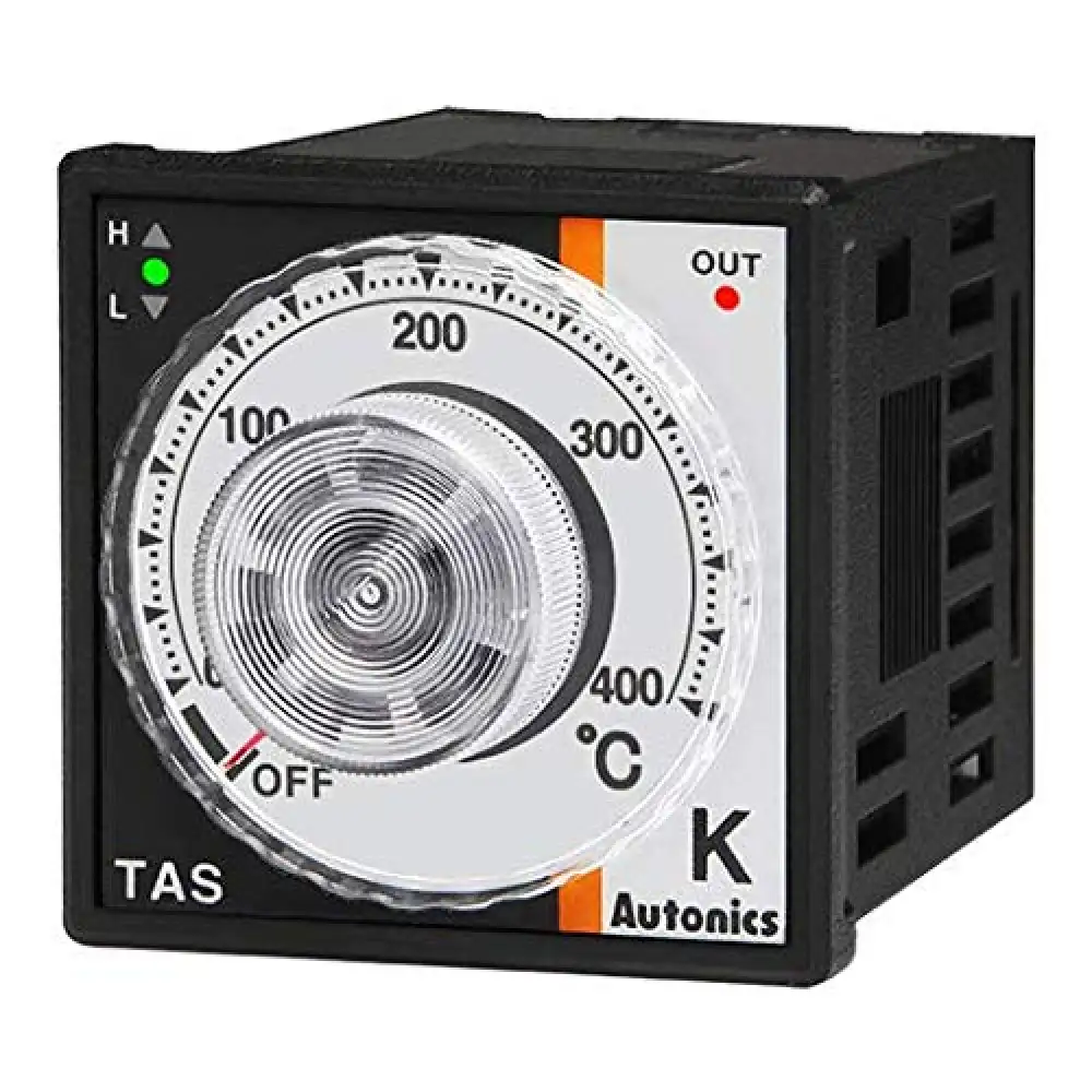 AUTONICS TAS-B4RK4C 0-400 Degrees C, 116 DIN 48 X 48 MM, 100-240 VAC Supply, 5060 HZ, Analog Setting Type, DIAL Operated, K Type CA, ONOffP Control, Panel Mount, Relay Output, TA Series, Temp