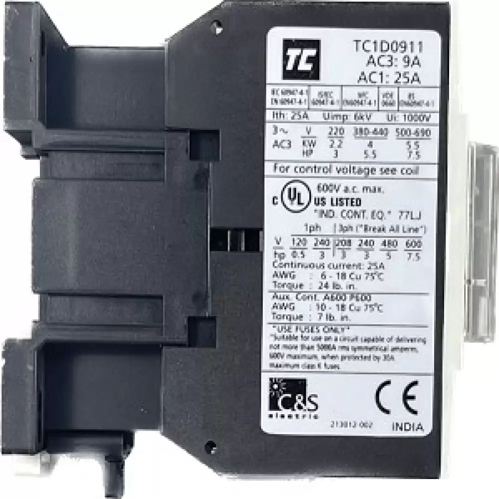 CS CONTACTOR, TC1D0911B7, 3POL 09A + 1NO,1NC COIL VOLTAGE 24 MADE IN INDIA
