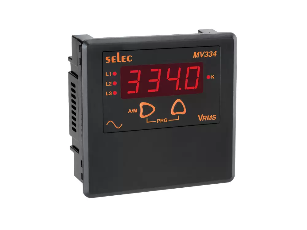 Selec MV334 LED Voltmeter, 3, 96x96mm,11 to 300VL-N, 19 to 516VL-L measurement,Supply voltage of 230 V AC  20